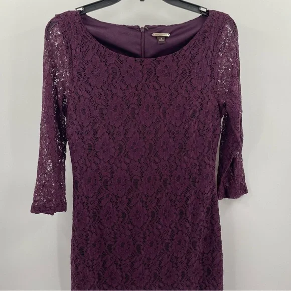 Dana Buchman Wine Colored Lace Lined Long Sleeve Mini Zip Back Scoop Neck Dress - Picture 5 of 10